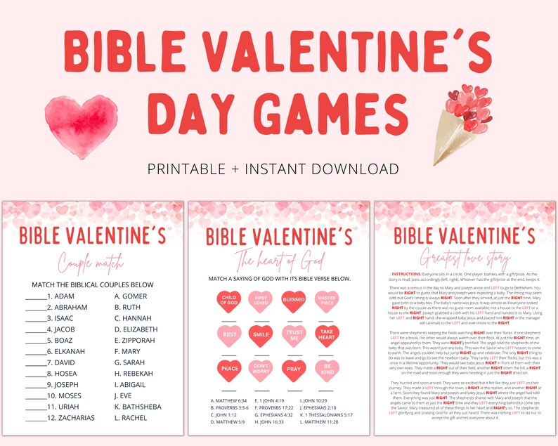 May include: Printable Bible Valentine's Day games with pink hearts and watercolour designs. The games include "Couple Match", "The Heart of God", and "Greatest Love Story".