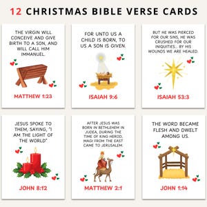 May include: Twelve Christmas Bible verse cards with illustrations of a manger, star, candles, and more. Each card features a verse from the Bible, such as Matthew 1:23 and Isaiah 9:6, with decorative hearts.
