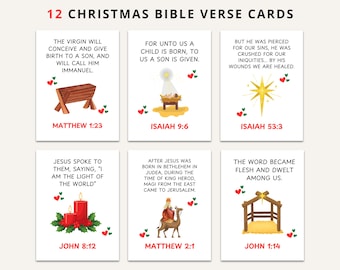 Könnte beinhalten: Zwölf Weihnachtskarten mit Bibelversen mit Illustrationen einer Krippe, eines Sterns, Kerzen und mehr. Jede Karte enthält einen Vers aus der Bibel, wie Matthäus 1:23 und Jesaja 9:6, mit dekorativen Herzen.