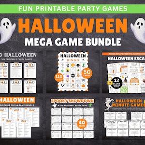 May include: A Halloween Mega Game Bundle with various printable party games. The image features the text "HALLOWEEN" in orange, along with ghost illustrations. Includes bingo, trivia, escape room, and minute games, with 40 to 110 cards.