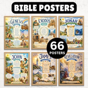 May include: A collection of six framed Bible posters featuring colorful illustrations and text for Genesis, Exodus, Jonah, John, James, and Revelation. A black circular badge in the center displays the white text 66 POSTERS above the BIBLE POSTERS header.