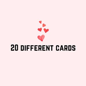 May include: A set of 20 different cards featuring red watercolor hearts. The text "20 DIFFERENT CARDS" is printed below the hearts.
