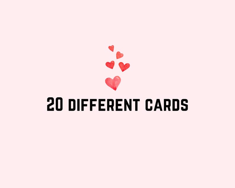May include: A set of 20 different cards featuring red watercolor hearts. The text "20 DIFFERENT CARDS" is printed below the hearts.