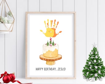 May include: A watercolor illustration of a birthday cake with a handprint on top. The cake is decorated with red berries and green pine branches. The text "Happy Birthday, Jesus!" is written below the cake.