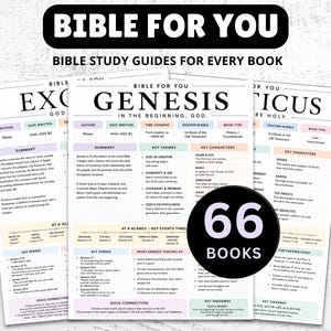 以下が含まれることがあります： 「BIBLE FOR YOU」と「BIBLE STUDY GUIDES FOR EVERY BOOK」のテキストが黒で書かれた聖書研究ガイドのコレクション。ガイドは白で、カラフルなテキストボックスがあり、概要、主要テーマ、主要な登場人物が含まれています。黒い円には「66 BOOKS」と表示されています。