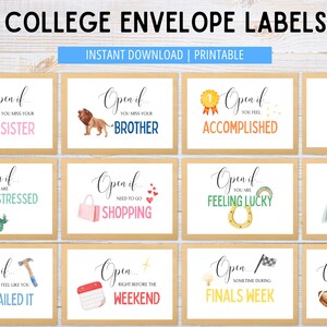 May include: Printable college envelope labels with fun and quirky prompts for opening the envelope.  The labels feature illustrations of a tooth, lion, gold medal, cactus, shopping bags, horseshoe, road sign, hammer, calendar, lightbulb, and football.