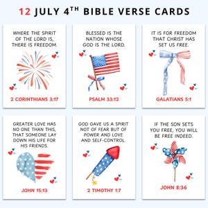 Puede incluir: Juego de 12 tarjetas de versículos bíblicos del 4 de julio. Cada tarjeta presenta una ilustración en acuarela con temas patrióticos como fuegos artificiales, banderas y corazones. Versículos: 2 Corintios 3:17, Salmo 33:12 y Juan 8:36.