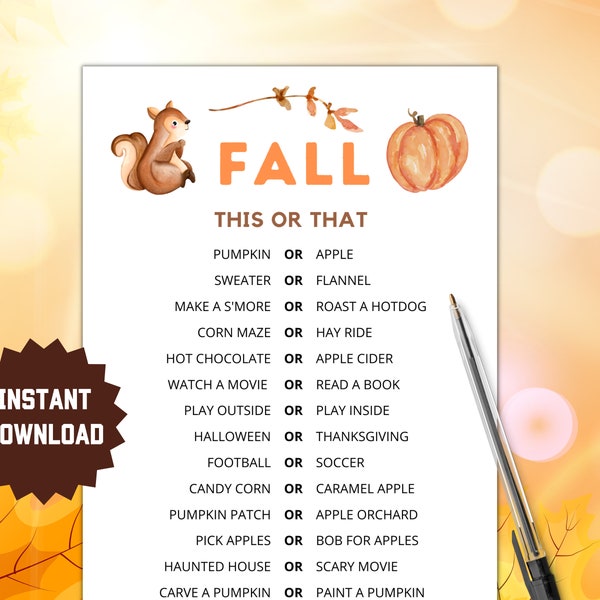 Fall This or That | Fall Game | Fall Game Printable | Fall Party Game | Fall Game for Kids Adult | Autumn Game | Fall Fest Game Printable