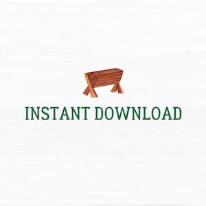 Op de afbeelding: Een bruine houten kribbe met een eenvoudig ontwerp, ge&iuml;soleerd op een witte achtergrond. De tekst "INSTANT DOWNLOAD" staat in het groen onder de kribbe.