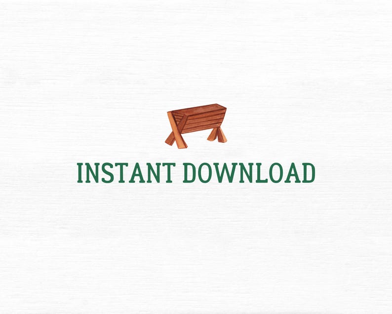 Op de afbeelding: Een bruine houten kribbe met een eenvoudig ontwerp, ge&iuml;soleerd op een witte achtergrond. De tekst "INSTANT DOWNLOAD" staat in het groen onder de kribbe.