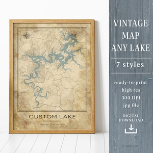 Custom Vintage style lake Map, Personalized Map, Custom Map Poster, Any Lake, Wall decor, Lake Map Digital Download, Digital Map Download