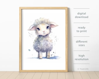 Sheep animal print, Nursery Wall Art in watercolor style, Kids printables, Poster with a lamb for a children's bedroom, DIGITAL DOWNLOAD