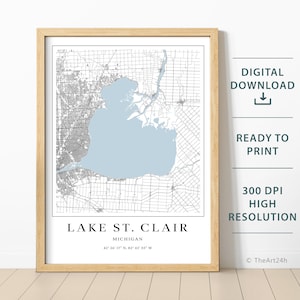 Lake St Clair map - instant download, Printable map poster - Digital download map art, Lake House Decor, Fishing, Boating, gift
