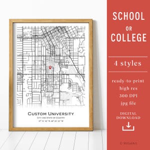 Carte personnalisée, cadeau de remise des diplômes - carte de votre école ou université, carte personnalisée, n'importe quelle ville, décoration murale, plan de la ville, téléchargement numérique, carte numérique