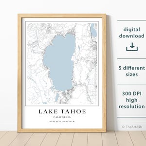Lake Tahoe map - Lake Map  - instant download, Printable map poster - Lake Tahoe, California Digital download map, Printable lake map.