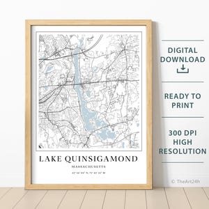 Mapa del lago Quinsigamond: descarga instantánea, póster imprimible, descarga digital, decoración de casas en el lago, pesca y navegación.