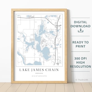 Lake James Chain Karte - druckbare Karte - Sofortiger Download, druckbare Karte Poster - Digitaler Download Karte Kunst, Lake House Decor, Angeln, Bootfahren