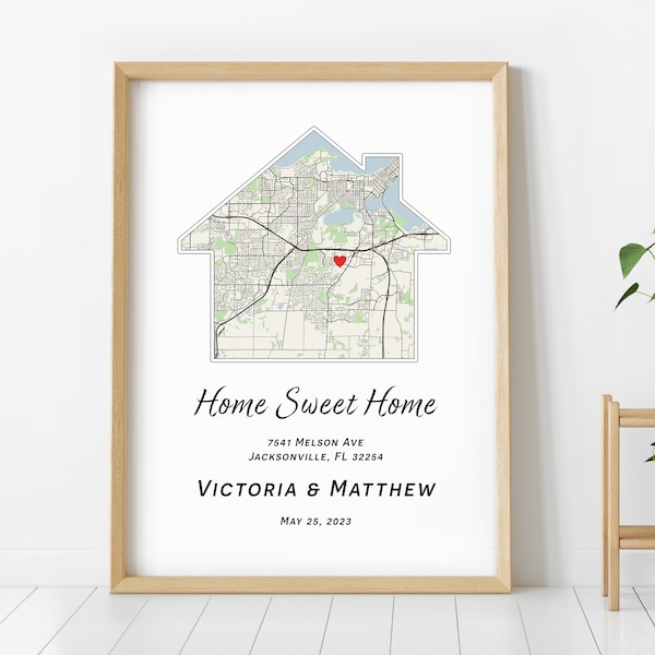 Eerste nieuwe thuiscadeau voor paar Huisvormige kaartposter. DIGITALE aangepaste gepersonaliseerde housewarming geschenken, aangepaste stadsplattegrond - ons eerste huis