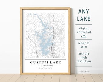 Custom Lake Map Print, Lake House - Gift for Couple or fisherman, a Souvenir From the Holidays, Wall Decor (Digital Download)