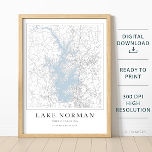 Mapa imprimible del lago Norman (descarga instantánea), póster imprimible (descarga digital), decoración de casas en el lago, pesca y navegación.
