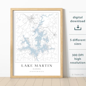 Lake Martin Karte - See Karte - sofortiger Download, Druckbare Karte Poster - Lake Martin, Alabama Digitaler download Karte, druckbare See Karte.
