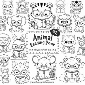 May include: A set of 42 black and white illustrations of animals reading books. The animals include a tiger, a rabbit, a mouse, a bear, a fox, an owl, an elephant, a lion, a giraffe, a cat, a cow, a sheep, and a deer. The illustrations are in a cartoon style and are perfect for use in children's books, educational materials, or crafts.