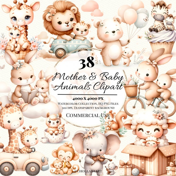 Watercolor Mother and Baby Animals Clipart, Animal PNG, Mother's Day Clipart, Mom and Baby Clipart, Watercolor Mom and Baby Animal Clipart