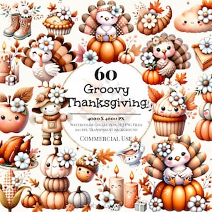 Clipart de aquarela de ação de graças, clipart de ação de graças groovy, clipart de ação de graças, png de outono retrô, png de outono, presente de ação de graças png