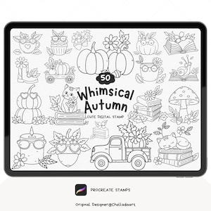 Könnte beinhalten: Eine digitale Sammlung von 50 schwarz-weißen Stempel-Illustrationen mit dem Titel 50 Whimsical Autumn CUTE DIGITAL STAMP. Die Motive zeigen Kürbisse, Katzen, Bücher, Pilze, Lastwagen und herbstliches Laub auf einem Tablet-Bildschirm.