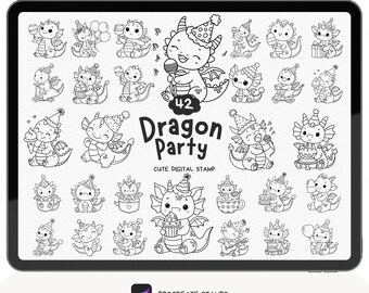 Paquete de sellos de fiesta de dragón de Procreate, sello de dragón de Procreate, paquete de sellos de dragón de Procreate, sello de dragón, sello digital, conjunto de pinceles de Procreate