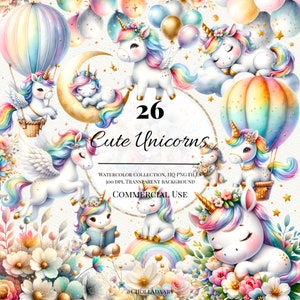 Cute Unicorns Clipart, Unicorn Watercolor Clipart, Unicorn Clipart Bundle, Baby Unicorn PNG, Unicorn Party Watercolor Clipart, Unicorn Png