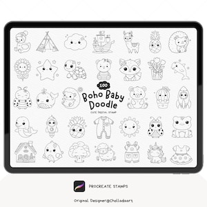 Boho Baby Doodle Procreate Stamp, Procreate Animal Doodle Stamp Bundle, Animal Procreate Stamp, Animal Stamp, Coloring Image, Digital Stamp