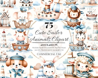 Cute Sailor Animal Clipart, Nautical Nursery Clipart, Ocean Clipart, Sailor Clipart, Sailor Baby, Animal Sailor, Sea Clipart, Summer Clipart