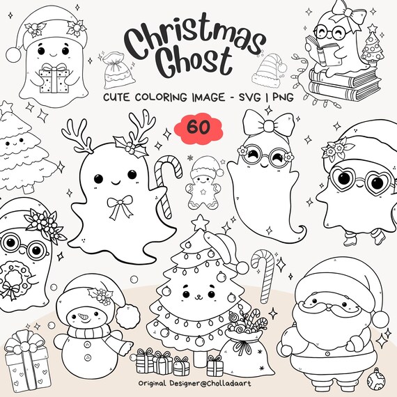 Christmas Ghost Coloring Image, Ghost Coloring Image, Christmas Ghost Svg, Christmas Ghost Digital Stamp, Christmas Clipart, Ghost SVG