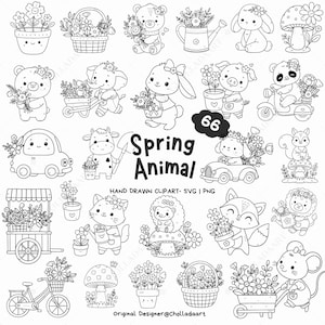 66 春の動物 SVG バンドル、春の動物クリップアート、春の SVG、春のクリップアート、野生の花 SVG、花の落書き、動物 SVG、落書き動物 SVG