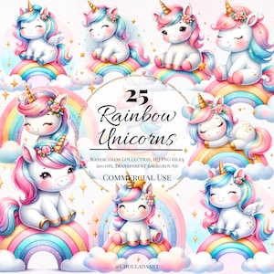 Rainbow Unicorn Clipart, Cute Unicorn Clipart, Unicorns Birthday Clipart, Unicorn Watercolor Clipart, Rainbow Clip Art, Baby Unicorn PNG