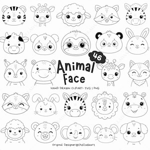 Op de afbeelding: Een set van 46 zwart-witte illustraties van dierengezichten. De dieren omvatten een ​​tijger, een giraf, een schaap, een wasbeer, een konijn, een koe, een panda, een luiaard, een vos, een nijlpaard, een zebra, een leeuw, een olifant, een muis en een hond.