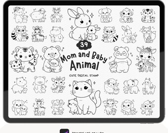 Sello Procreate de mamá y bebé animal, sello Procreate de madre y bebé, sello Procreate de animal bebé, sello Procreate de animal, sello digital