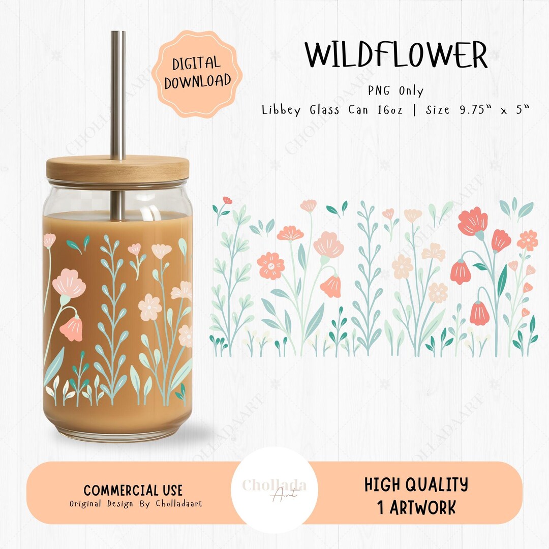 Wildflower PNG Wrap for Libbey Glass Can 16oz, Hand Drawn Floral ...