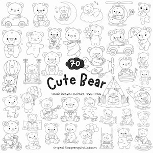 70 Cute Bear SVG Bundle, Hand Drawn Baby Bear Clipart for Kids, Black Line Art Animal Illustrations, Digital PNG SVG for Cricut Crafts