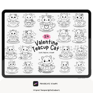Procreate Valentine Teacup Cat Stamp Bundle, Valentine Cat Procreate Stamp, Valentine Animal Procreate Stamp, Cat in a teacup, Digital Stamp
