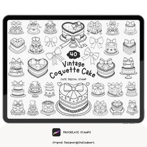 May include: A digital stamp set of 40 vintage coquette cake illustrations. The illustrations are black and white and feature cakes with bows, hearts, and other decorative elements. The text "40 Vintage Coquette Cake Cute Digital Stamp" is included in the image.