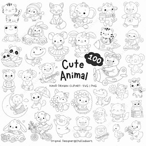 100 かわいい動物 SVG バンドル、動物 SVG バンドル、落書き動物クリップアート、手描き動物、動物バンドル SVG、落書き SVG、カット ファイル用の動物