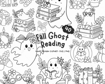 Fall Ghost Reading SVG Bundle, Autumn Ghost Reading SVG, Halloween Book Lover Clipart, Ghost Bookish Svg, Fall bookish Svg, Spooky Clipart