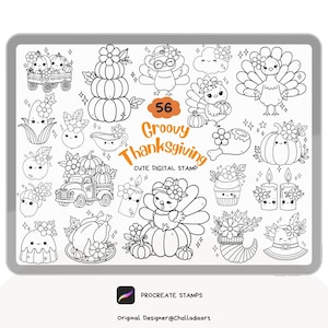 May include: A set of 56 black and white digital stamps featuring cute Thanksgiving-themed illustrations. The illustrations include turkeys, pumpkins, cornucopias, and other fall-themed imagery. The text "56 Groovy Thanksgiving Cute Digital Stamp" is included in the image.