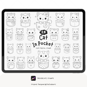 Procreate Cat in Pocket Stamp Bundle, Cat in Pocket Procreate Stamp, Cat Procreate Stamp, Cat Stamp Bundle, Animal Stamp, Digital Stamp