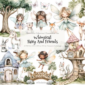 Whimsical Fairy And Friend Clipart, Watercolor Fairy Clipart, Woodland Fairy Clipart, Fairy PNG, Whimsical Nursery, Fairy Clipart Bundle