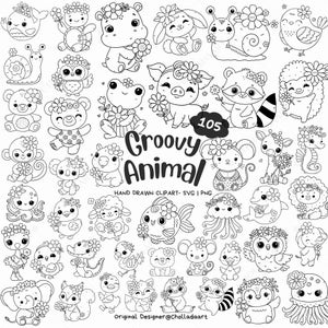 May include: Black and white hand-drawn clipart featuring various animals, including a pig, raccoon, and owl, each adorned with floral accents. The text "Groovy Animal" is displayed prominently, along with the number "105". The image is labeled "Hand Drawn Clipart - SVG | PNG".