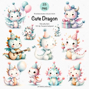 Imágenes prediseñadas de acuarela de dragones, imágenes prediseñadas de dragón lindo, PNG de dragón lindo, decoración de guardería, decoración navideña, imágenes prediseñadas de dragón lindo, acuarela de dragón lindo