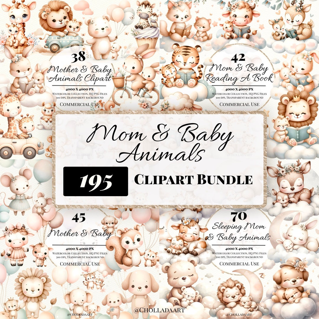 Watercolor Mom and Baby Animal Clipart Bundle, Animal Clipart Bundle ...